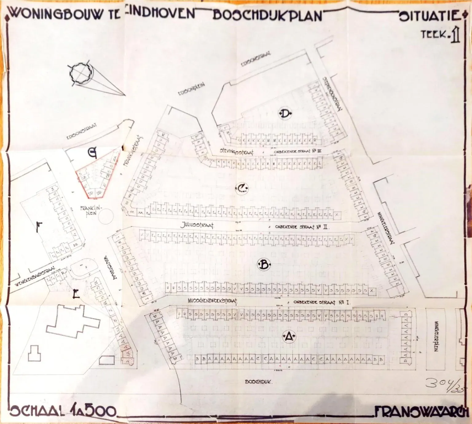 Boschdijkplan met namen van zgn ‘onbekende straat’.